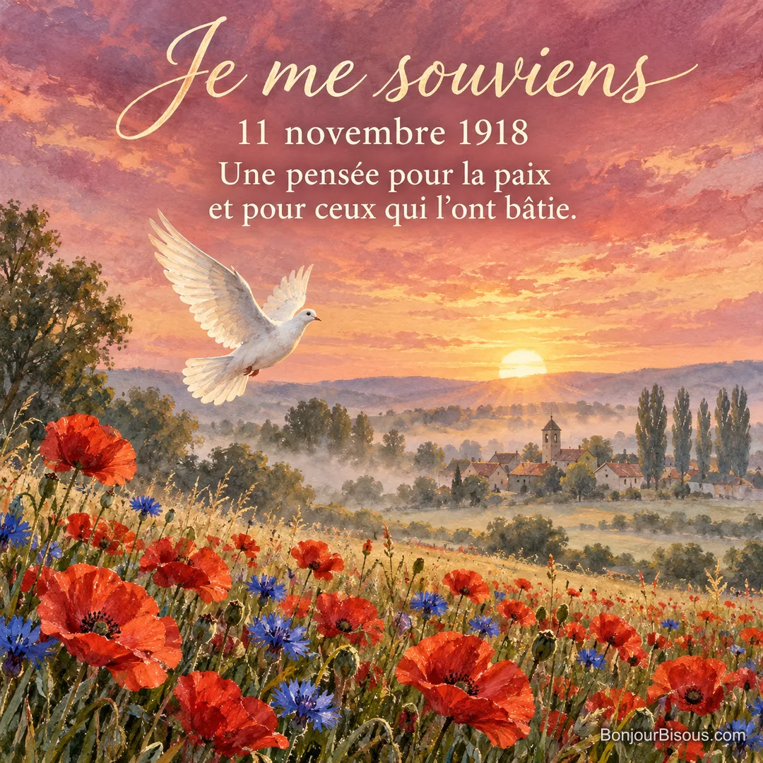 Peinture d’une colombe blanche qui s’envole vers le soleil levant au-dessus d’un champ de coquelicots et de bleuets, village et peupliers dans la brume, avec le texte « Je me souviens – 11 novembre 1918 – Une pensée pour la paix et pour ceux qui l’ont bâtie. » Peinture d’une colombe blanche qui s’envole vers le soleil levant au-dessus d’un champ de coquelicots et de bleuets, village et peupliers dans la brume, avec le texte « Je me souviens – 11 novembre 1918 – Une pensée pour la paix et pour ceux qui l’ont bâtie. »