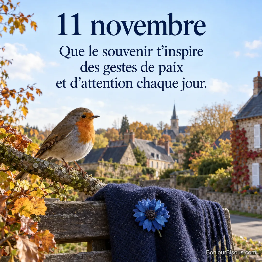 Un rouge-gorge se pose près d’une écharpe ornée d’un bleuet en tissu sur un banc, avec le texte « 11 novembre Que le souvenir t’inspire des gestes de paix et d’attention chaque jour. ». Un rouge-gorge se pose près d’une écharpe ornée d’un bleuet en tissu sur un banc, avec le texte « 11 novembre Que le souvenir t’inspire des gestes de paix et d’attention chaque jour. ».