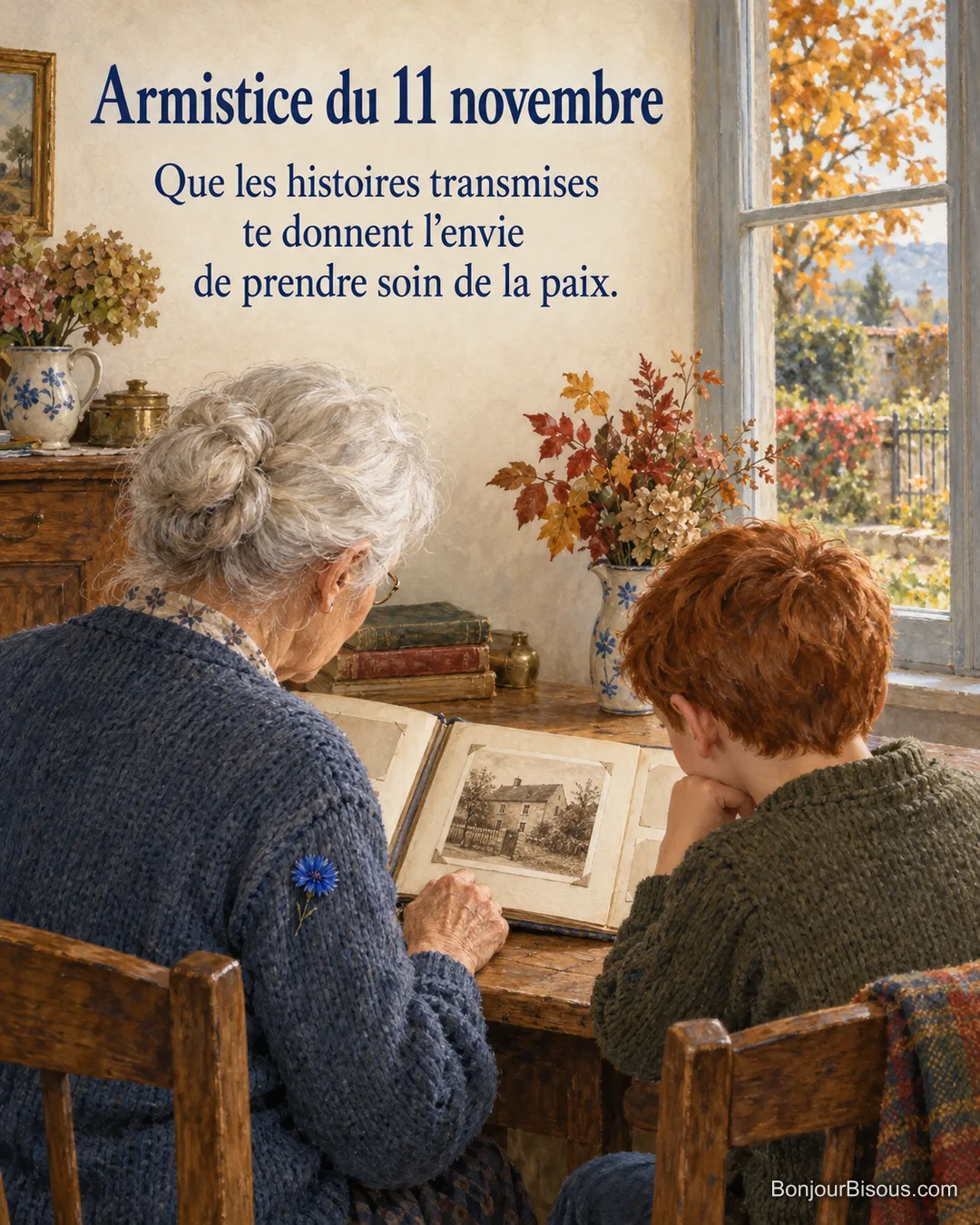 Une grand-mère et son petit-fils regardent ensemble une vieille photographie dans un album familial, avec le texte « Armistice du 11 novembre Que les histoires transmises te donnent l’envie de prendre soin de la paix. ». Une grand-mère et son petit-fils regardent ensemble une vieille photographie dans un album familial, avec le texte « Armistice du 11 novembre Que les histoires transmises te donnent l’envie de prendre soin de la paix. ».