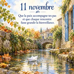 Un petit bateau blanc en papier glisse sur un ruisseau bordé de feuilles d’automne, avec le texte « 11 novembre Que la paix accompagne tes pas et que chaque rencontre fasse grandir la bienveillance. ».
