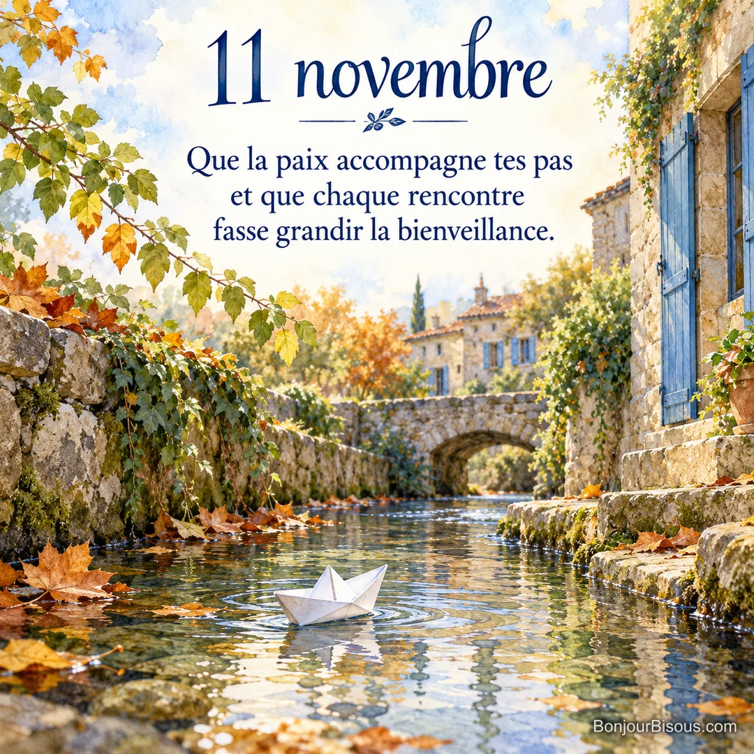 Un petit bateau blanc en papier glisse sur un ruisseau bordé de feuilles d’automne, avec le texte « 11 novembre Que la paix accompagne tes pas et que chaque rencontre fasse grandir la bienveillance. ». Un petit bateau blanc en papier glisse sur un ruisseau bordé de feuilles d’automne, avec le texte « 11 novembre Que la paix accompagne tes pas et que chaque rencontre fasse grandir la bienveillance. ».