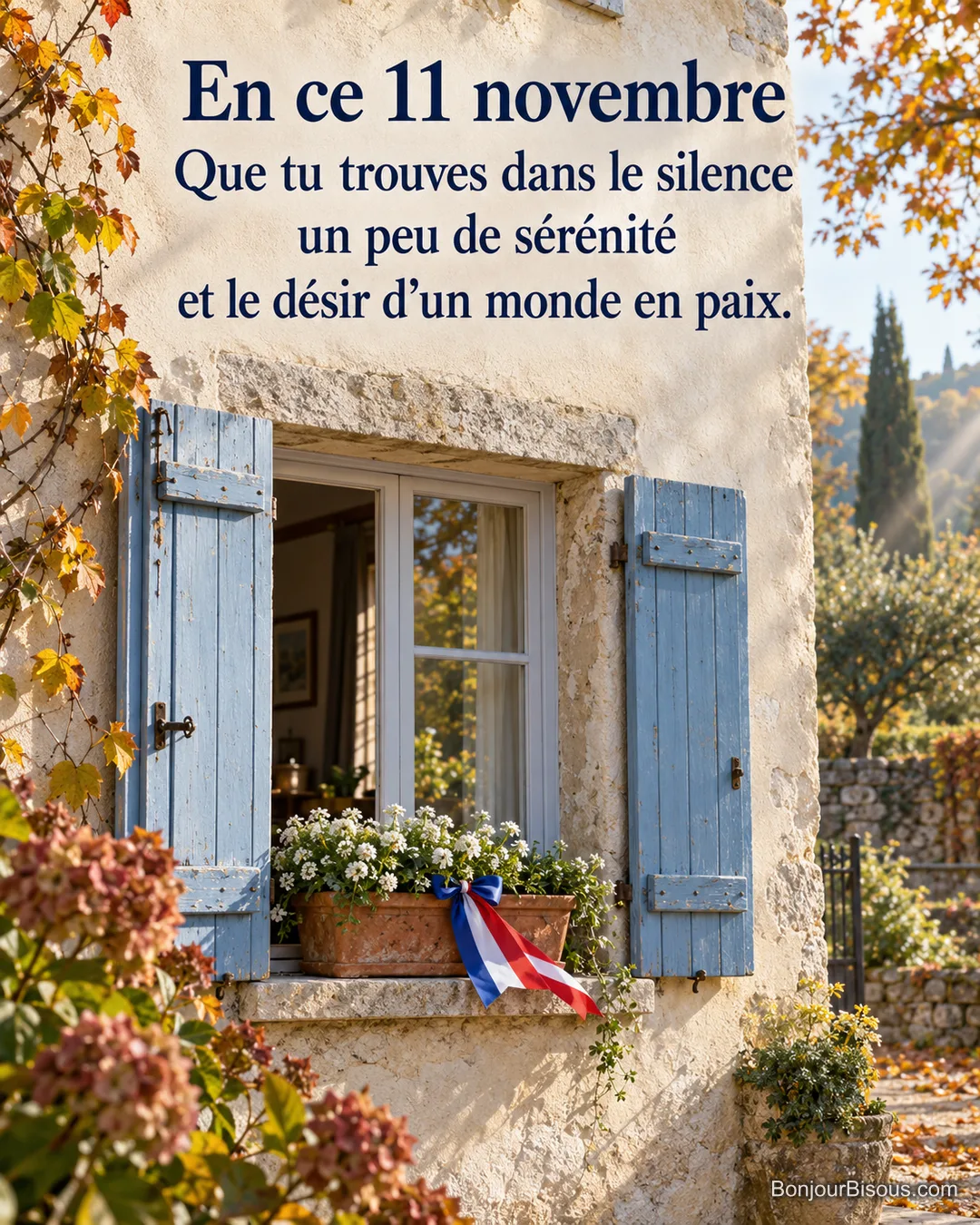 Un ruban tricolore flotte près d’une jardinière fleurie à une fenêtre de village, avec le texte « En ce 11 novembre Que tu trouves dans le silence un peu de sérénité et le désir d’un monde en paix. ». Un ruban tricolore flotte près d’une jardinière fleurie à une fenêtre de village, avec le texte « En ce 11 novembre Que tu trouves dans le silence un peu de sérénité et le désir d’un monde en paix. ».