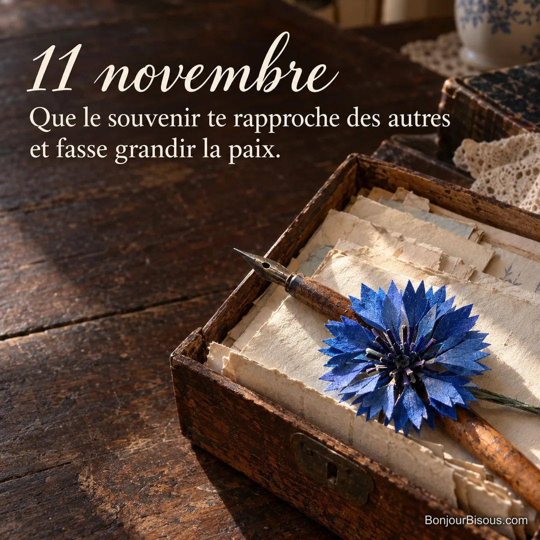 Un porte-plume ancien est conservé auprès d’un bleuet du souvenir en papier et tissu dans une boîte de correspondance, avec le texte « 11 novembre Que le souvenir te rapproche des autres et fasse grandir la paix. ». Un porte-plume ancien est conservé auprès d’un bleuet du souvenir en papier et tissu dans une boîte de correspondance, avec le texte « 11 novembre Que le souvenir te rapproche des autres et fasse grandir la paix. ».
