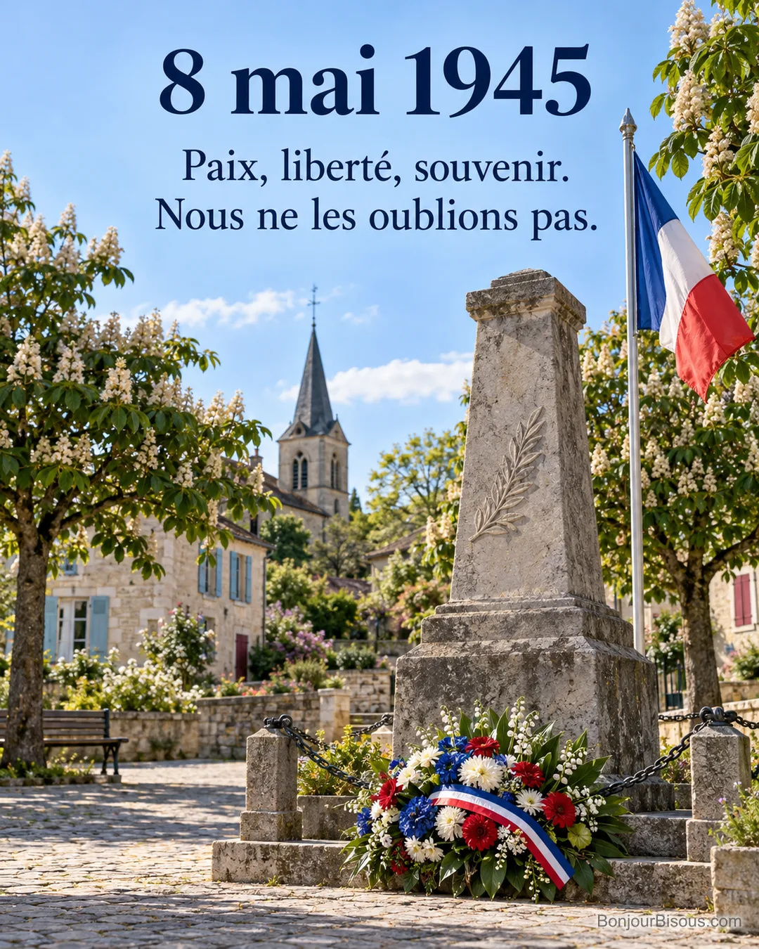 Photo d’un monument aux morts en pierre sur une place de village avec une gerbe de fleurs bleues, blanches et rouges, du muguet et un drapeau tricolore, avec le texte « 8 mai 1945 – Paix, liberté, souvenir. Nous ne les oublions pas. »