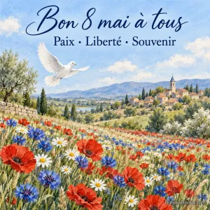 Peinture d’une colombe blanche au-dessus d’un champ de bleuets, de marguerites et de coquelicots devant un village provençal, avec le texte « Bon 8 mai à tous – Paix · Liberté · Souvenir »