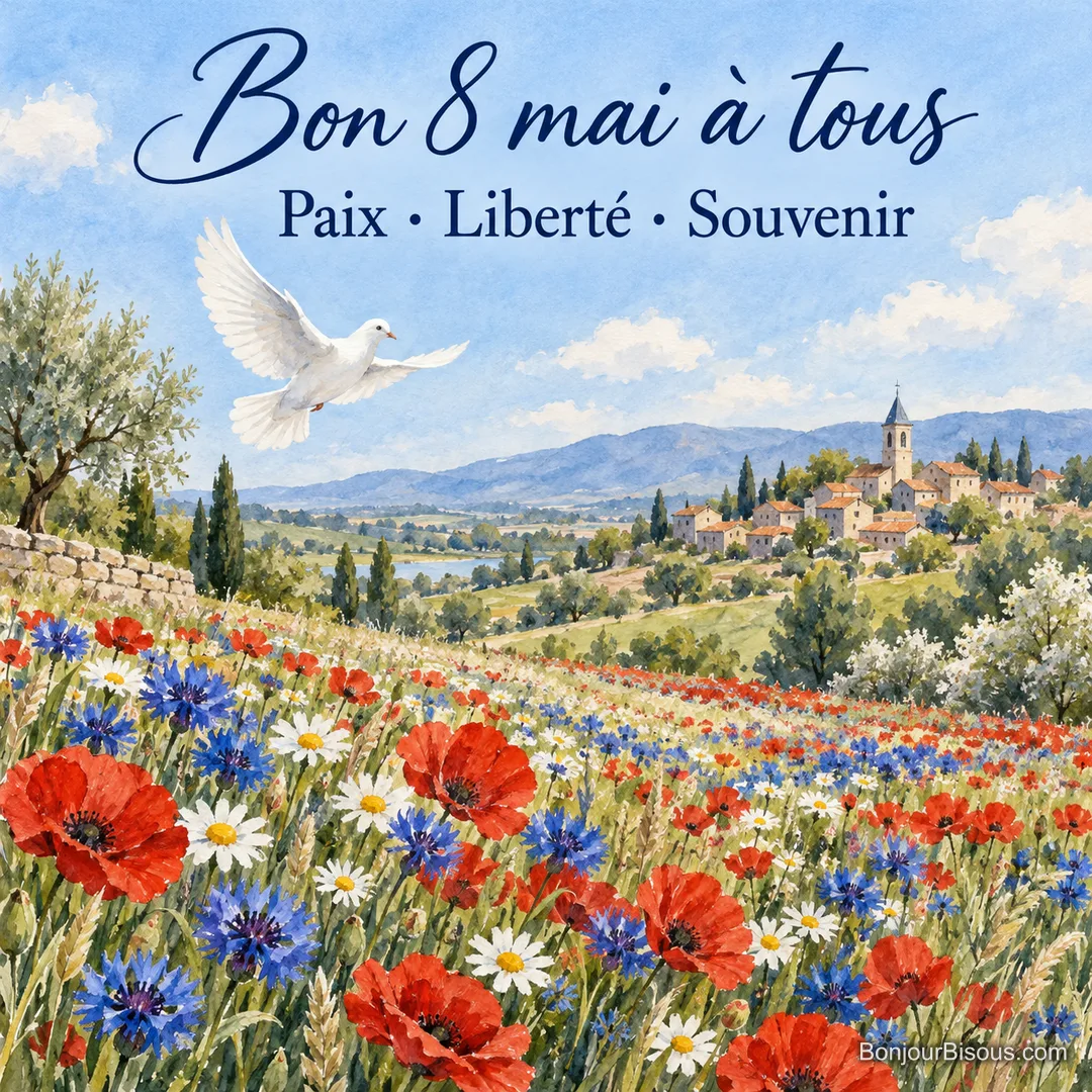 Peinture d’une colombe blanche au-dessus d’un champ de bleuets, de marguerites et de coquelicots devant un village provençal, avec le texte « Bon 8 mai à tous – Paix · Liberté · Souvenir »