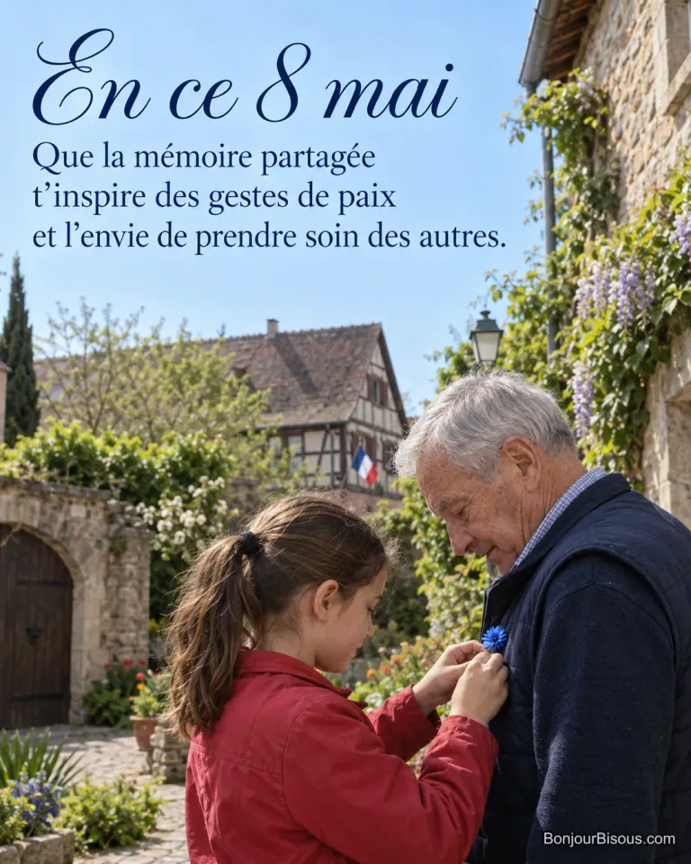 Une fillette épingle un bleuet de mémoire sur le gilet de son grand-père, avec le texte « En ce 8 mai Que la mémoire partagée t’inspire des gestes de paix et l’envie de prendre soin des autres. ».