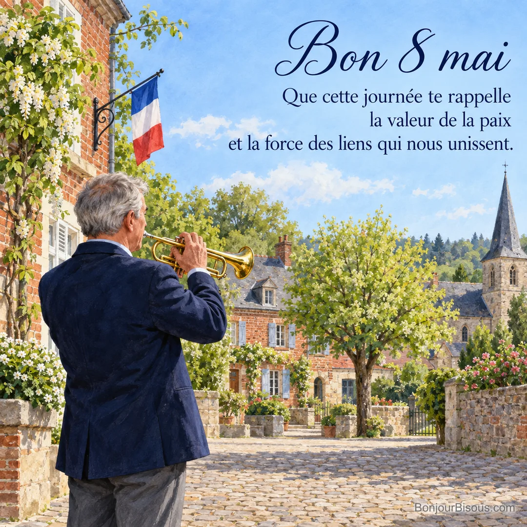 Un trompettiste amateur joue sobrement sur une place de village pavoisée pour le 8 mai, avec le texte « Bon 8 mai Que cette journée te rappelle la valeur de la paix et la force des liens qui nous unissent. ».