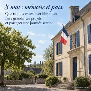 Un drapeau français flotte sur la façade d’une mairie de village au printemps, avec le texte « 8 mai : mémoire et paix Que tu puisses avancer librement, faire grandir tes projets et partager une journée sereine. ».