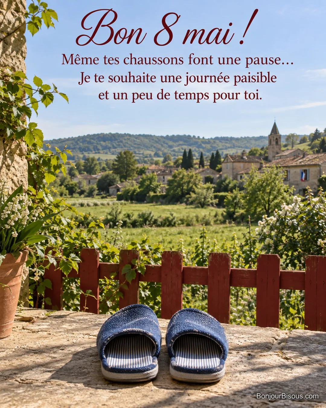 Une paire de chaussons bleus profite du soleil sur une terrasse ouverte sur la campagne, avec le texte « Bon 8 mai ! Même tes chaussons font une pause… Je te souhaite une journée paisible et un peu de temps pour toi. ».