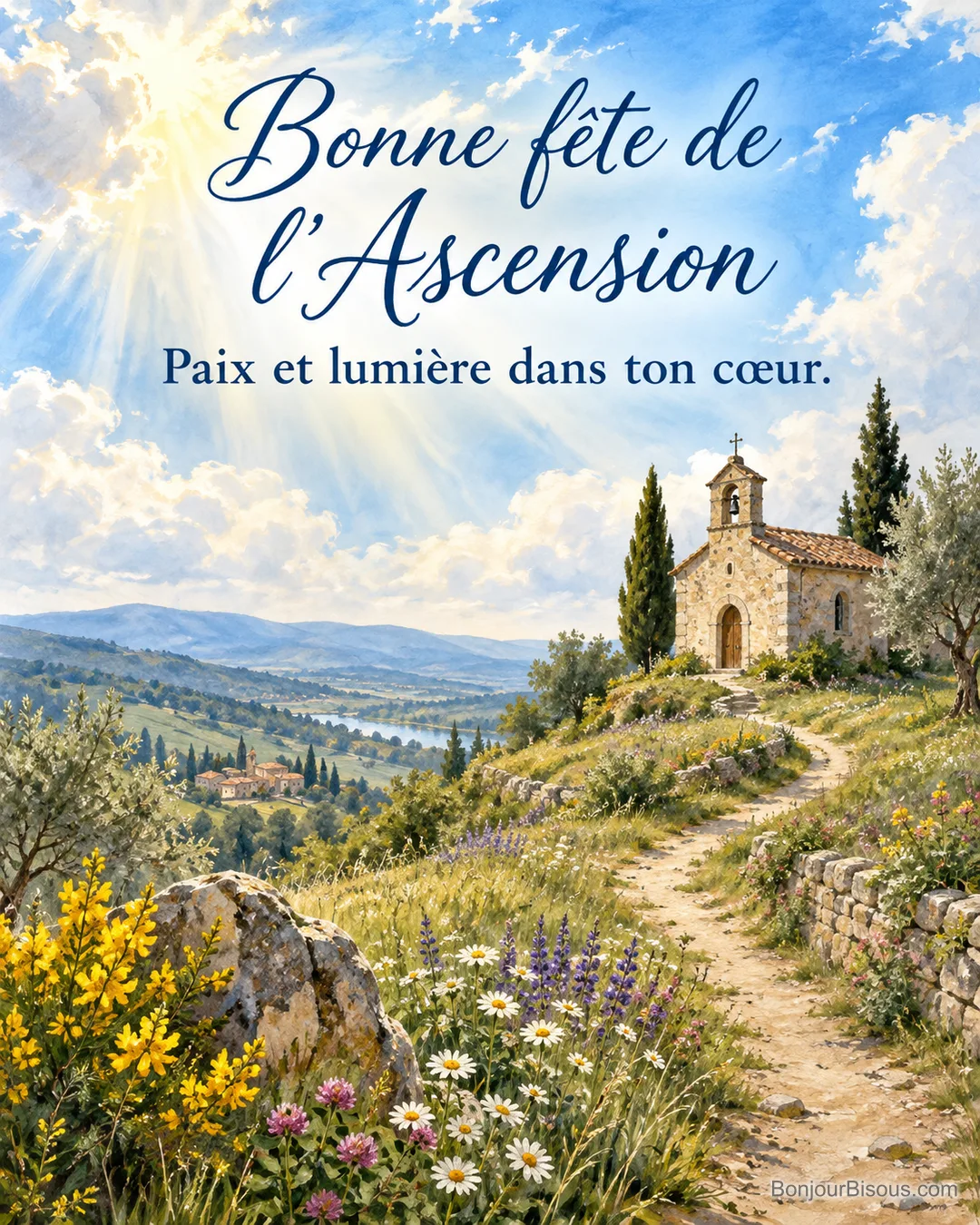 Peinture d’un chemin à travers une prairie fleurie vers une chapelle en pierre sur une colline provençale, rayons de soleil dans les nuages, avec le texte « Bonne fête de l’Ascension – Paix et lumière dans ton cœur. » Peinture d’un chemin à travers une prairie fleurie vers une chapelle en pierre sur une colline provençale, rayons de soleil dans les nuages, avec le texte « Bonne fête de l’Ascension – Paix et lumière dans ton cœur. »