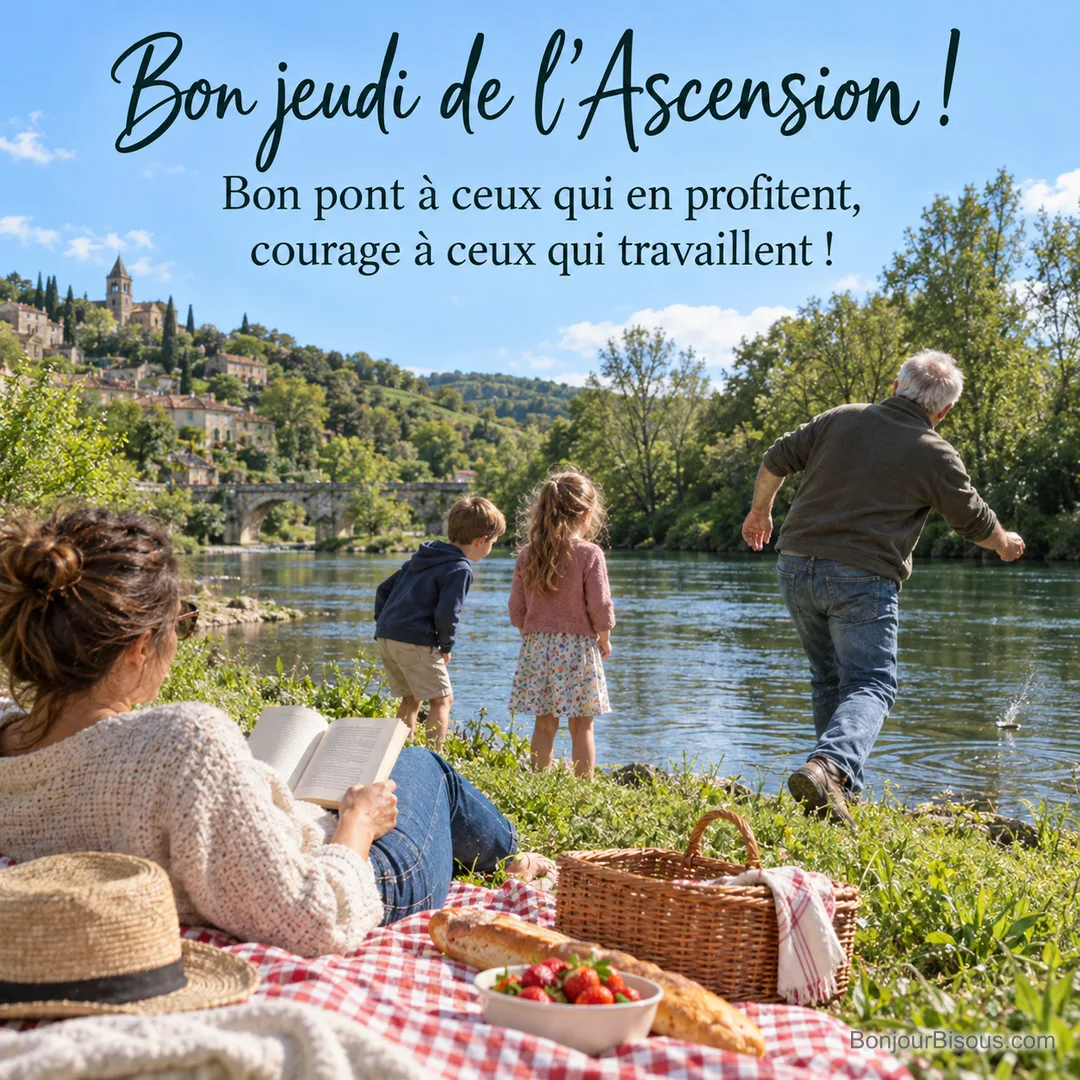 Photo d’un pique-nique en famille au bord d’une rivière avec nappe à carreaux, baguette et fraises, un grand-père fait des ricochets devant deux enfants, avec le texte « Bon jeudi de l’Ascension ! Bon pont à ceux qui en profitent, courage à ceux qui travaillent ! » Photo d’un pique-nique en famille au bord d’une rivière avec nappe à carreaux, baguette et fraises, un grand-père fait des ricochets devant deux enfants, avec le texte « Bon jeudi de l’Ascension ! Bon pont à ceux qui en profitent, courage à ceux qui travaillent ! »