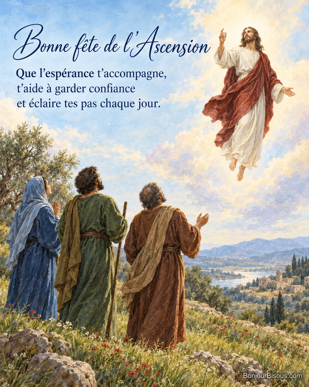 Jésus s’élève au-dessus d’une colline sous le regard de trois disciples, avec le texte « Bonne fête de l’Ascension Que l’espérance t’accompagne, t’aide à garder confiance et éclaire tes pas chaque jour. ». Jésus s’élève au-dessus d’une colline sous le regard de trois disciples, avec le texte « Bonne fête de l’Ascension Que l’espérance t’accompagne, t’aide à garder confiance et éclaire tes pas chaque jour. ».