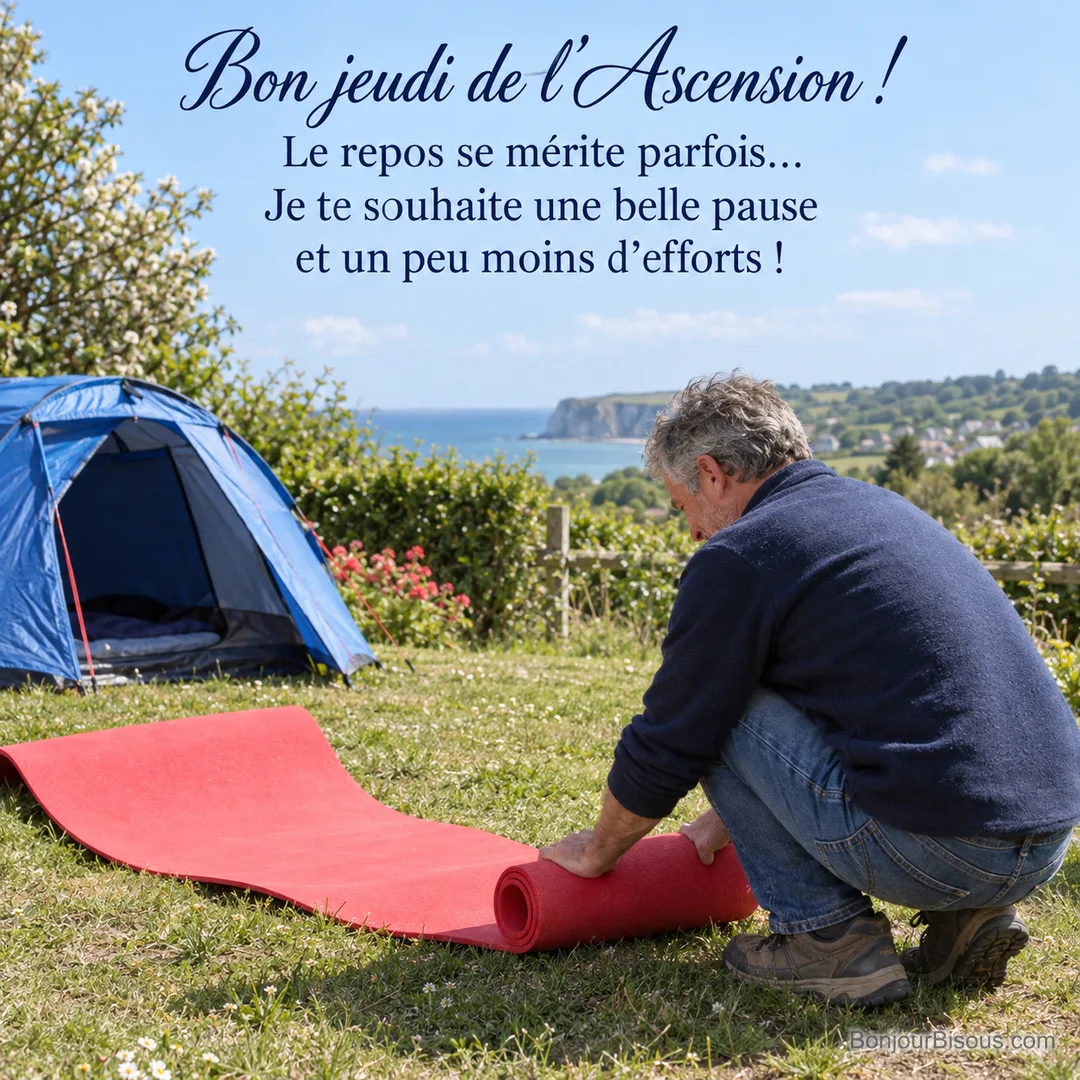 Un campeur essaie de rouler un tapis rouge qui se redéroule dans un jardin normand, avec le texte « Bon jeudi de l’Ascension ! Le repos se mérite parfois… Je te souhaite une belle pause et un peu moins d’efforts ! ». Un campeur essaie de rouler un tapis rouge qui se redéroule dans un jardin normand, avec le texte « Bon jeudi de l’Ascension ! Le repos se mérite parfois… Je te souhaite une belle pause et un peu moins d’efforts ! ».