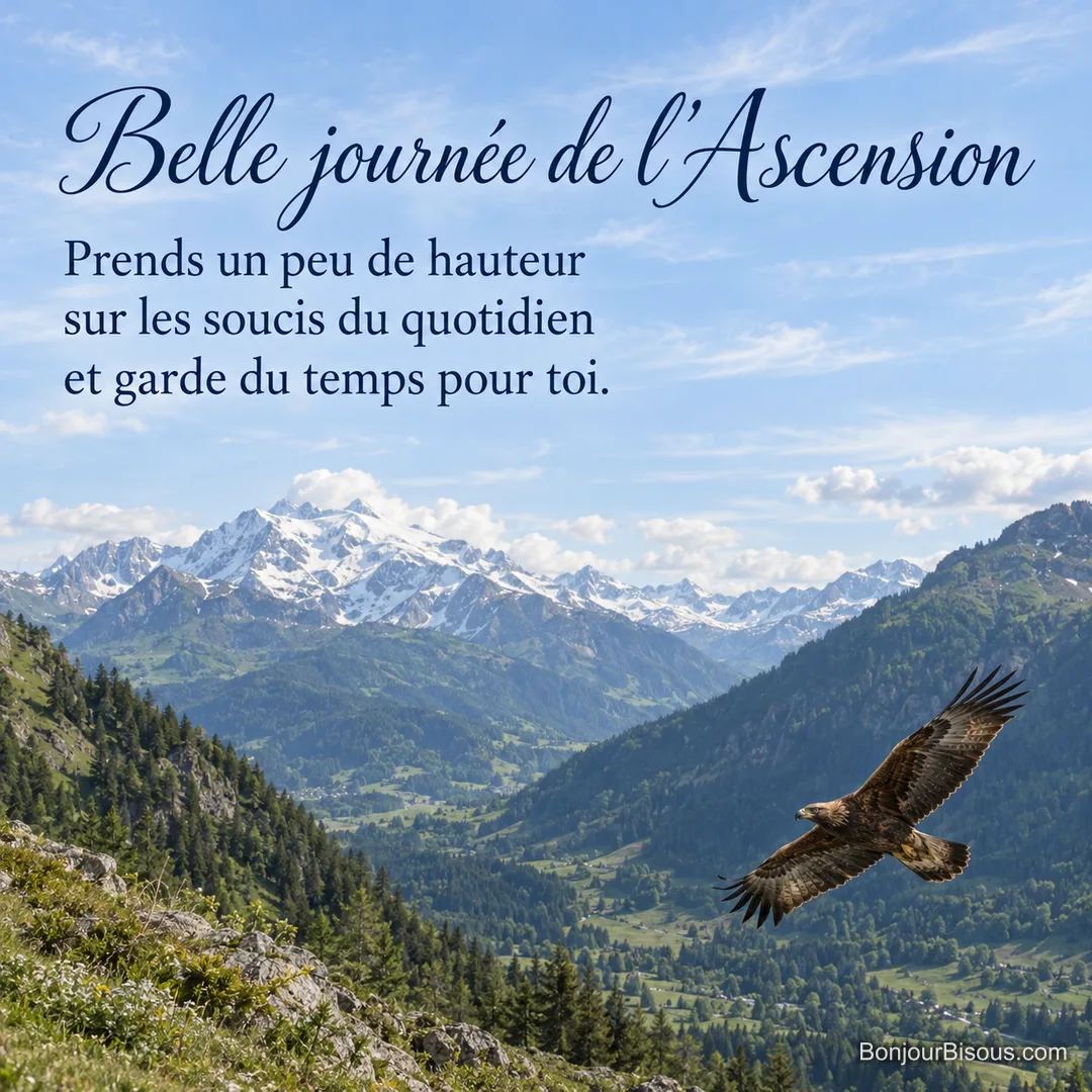 Un aigle royal plane au-dessus d’une vallée alpine verdoyante, avec le texte « Belle journée de l’Ascension Prends un peu de hauteur sur les soucis du quotidien et garde du temps pour toi. ». Un aigle royal plane au-dessus d’une vallée alpine verdoyante, avec le texte « Belle journée de l’Ascension Prends un peu de hauteur sur les soucis du quotidien et garde du temps pour toi. ».