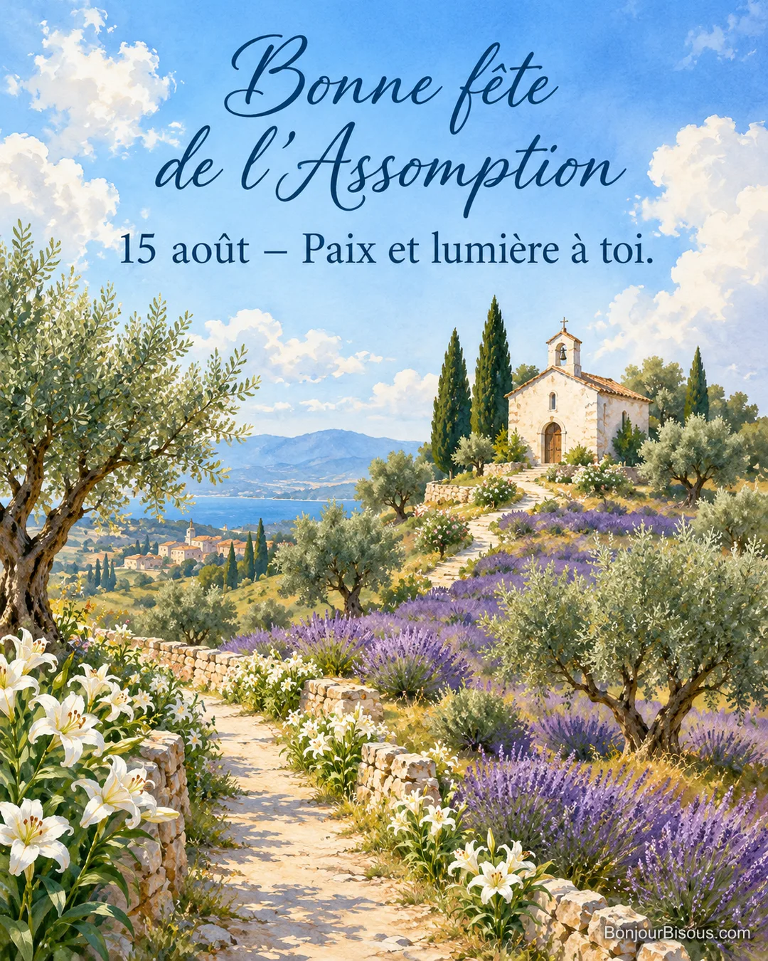 Peinture d’un chemin bordé de lys blancs et de lavande qui monte vers une chapelle blanche parmi les oliviers et les cyprès, mer au loin, avec le texte « Bonne fête de l’Assomption – 15 août – Paix et lumière à toi. » Peinture d’un chemin bordé de lys blancs et de lavande qui monte vers une chapelle blanche parmi les oliviers et les cyprès, mer au loin, avec le texte « Bonne fête de l’Assomption – 15 août – Paix et lumière à toi. »