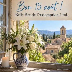 Photo d’un bouquet de lys et de roses blanches dans un pichet en faïence bleue avec une bougie allumée sur le rebord d’une fenêtre ouverte sur les toits et le clocher d’un village, avec le texte « Bon 15 août ! Belle fête de l’Assomption à toi. »