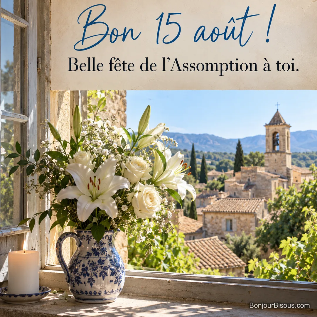 Photo d’un bouquet de lys et de roses blanches dans un pichet en faïence bleue avec une bougie allumée sur le rebord d’une fenêtre ouverte sur les toits et le clocher d’un village, avec le texte « Bon 15 août ! Belle fête de l’Assomption à toi. » Photo d’un bouquet de lys et de roses blanches dans un pichet en faïence bleue avec une bougie allumée sur le rebord d’une fenêtre ouverte sur les toits et le clocher d’un village, avec le texte « Bon 15 août ! Belle fête de l’Assomption à toi. »