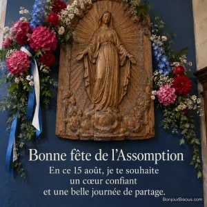 Un bas-relief marial en bois est entouré de fleurs vives et de rubans bleus et blancs, avec le texte « Bonne fête de l’Assomption En ce 15 août, je te souhaite un cœur confiant et une belle journée de partage. ».