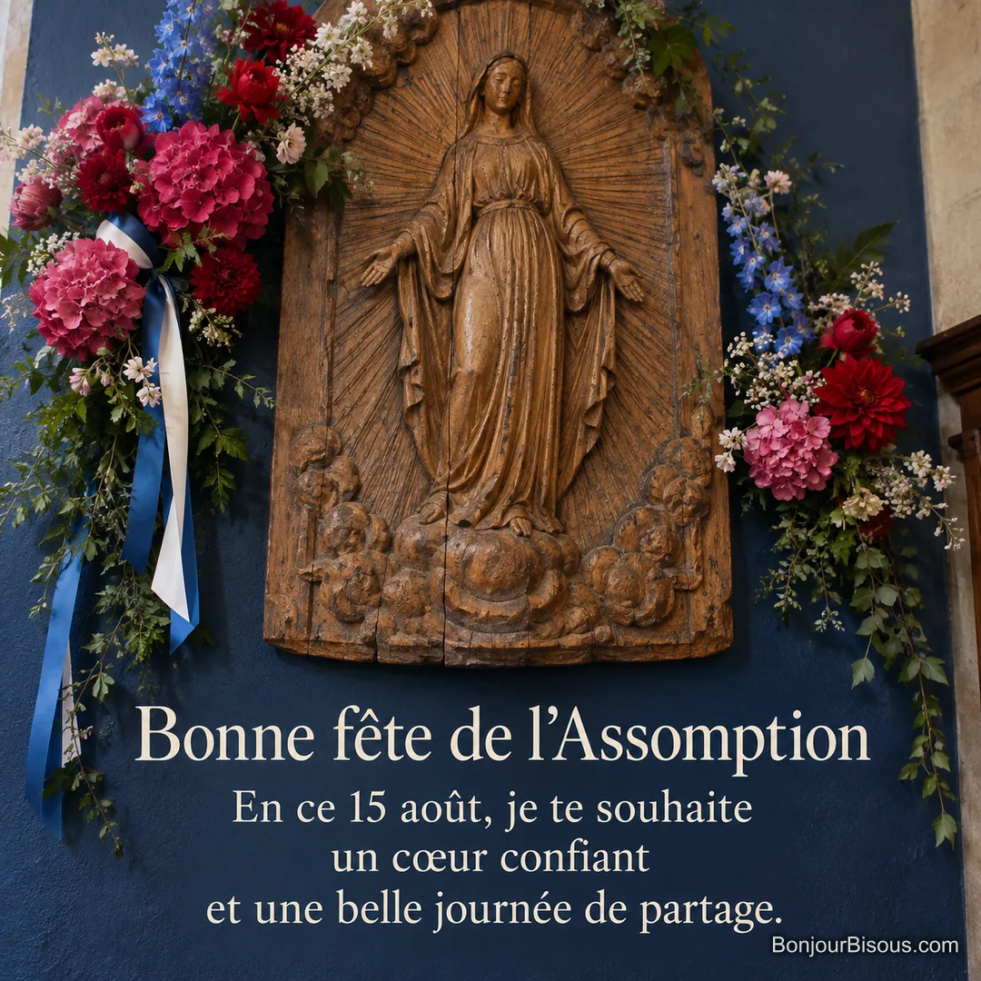 Un bas-relief marial en bois est entouré de fleurs vives et de rubans bleus et blancs, avec le texte « Bonne fête de l’Assomption En ce 15 août, je te souhaite un cœur confiant et une belle journée de partage. ». Un bas-relief marial en bois est entouré de fleurs vives et de rubans bleus et blancs, avec le texte « Bonne fête de l’Assomption En ce 15 août, je te souhaite un cœur confiant et une belle journée de partage. ».