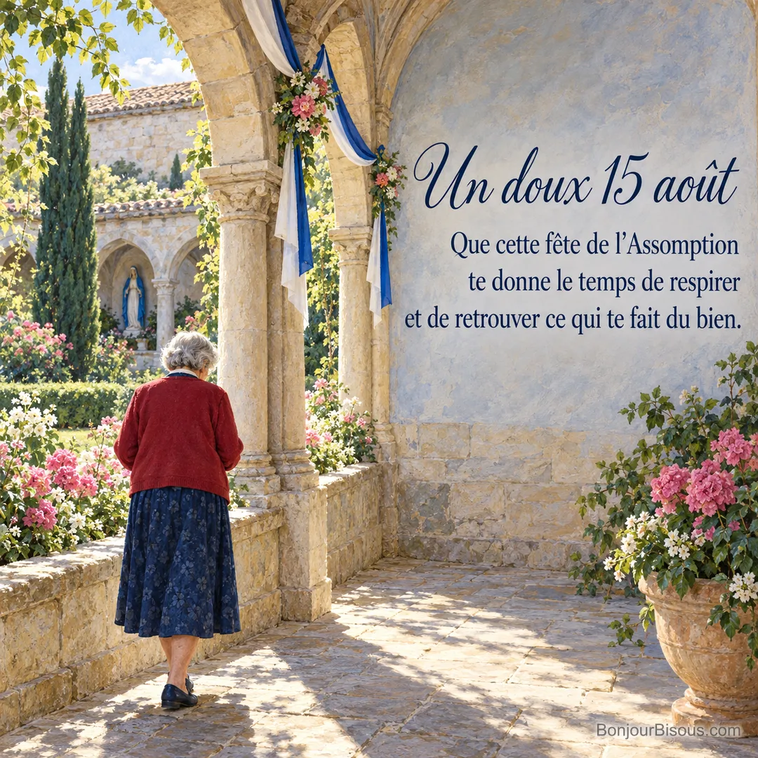 Une femme traverse un cloître fleuri et décoré de rubans bleus et blancs pour l’Assomption, avec le texte « Un doux 15 août Que cette fête de l’Assomption te donne le temps de respirer et de retrouver ce qui te fait du bien. ». Une femme traverse un cloître fleuri et décoré de rubans bleus et blancs pour l’Assomption, avec le texte « Un doux 15 août Que cette fête de l’Assomption te donne le temps de respirer et de retrouver ce qui te fait du bien. ».