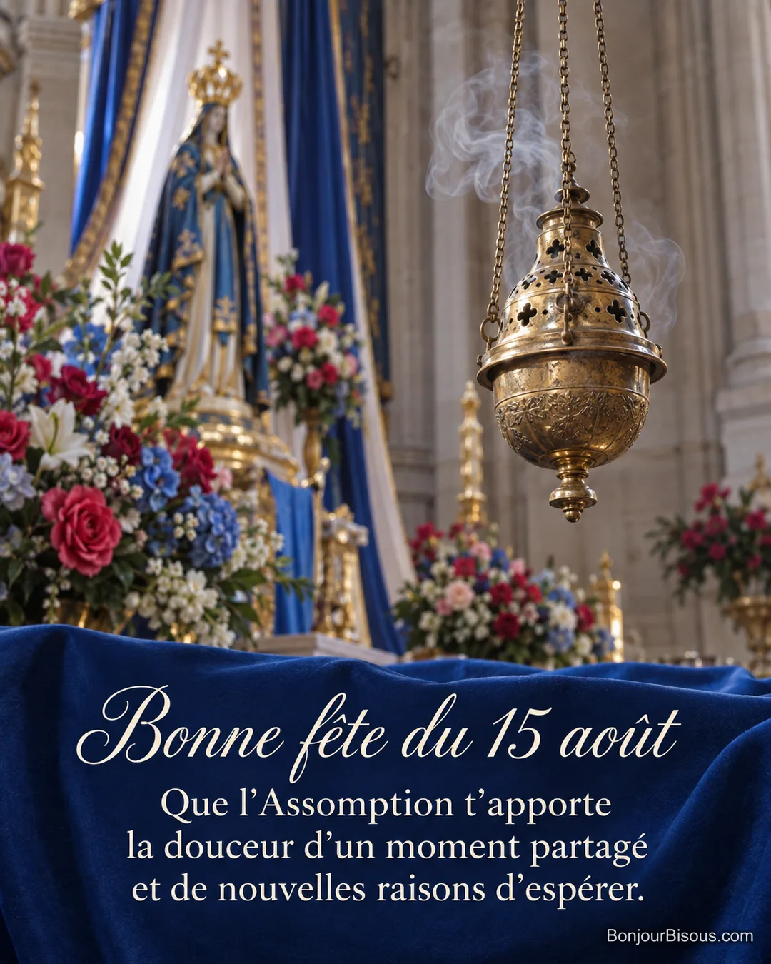 Un encensoir en laiton laisse monter une volute devant des draperies et des fleurs de fête mariale., avec le texte « Bonne fête du 15 août Que l’Assomption t’apporte la douceur d’un moment partagé et de nouvelles raisons d’espérer. ». Un encensoir en laiton laisse monter une volute devant des draperies et des fleurs de fête mariale., avec le texte « Bonne fête du 15 août Que l’Assomption t’apporte la douceur d’un moment partagé et de nouvelles raisons d’espérer. ».