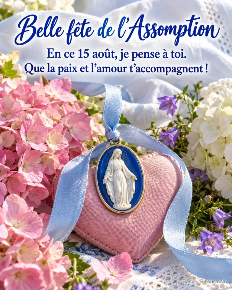Un médaillon marial et un ruban bleu entourent un cœur rose parmi des fleurs estivales de l’Assomption, avec le texte « Belle fête de l’Assomption En ce 15 août, je pense à toi. Que la paix et l’amour t’accompagnent ! ».