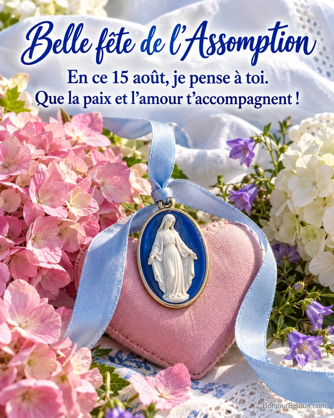 Un médaillon marial et un ruban bleu entourent un cœur rose parmi des fleurs estivales de l’Assomption, avec le texte « Belle fête de l’Assomption En ce 15 août, je pense à toi. Que la paix et l’amour t’accompagnent ! ». Un médaillon marial et un ruban bleu entourent un cœur rose parmi des fleurs estivales de l’Assomption, avec le texte « Belle fête de l’Assomption En ce 15 août, je pense à toi. Que la paix et l’amour t’accompagnent ! ».