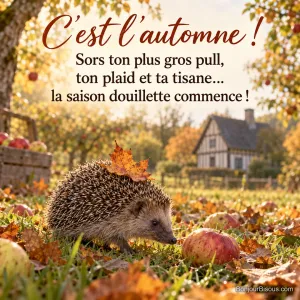 Photo d’un hérisson parmi les pommes et les feuilles mortes d’un verger, une feuille rousse sur le dos, maison à colombages au fond, avec le texte « C’est l’automne ! Sors ton plus gros pull, ton plaid et ta tisane… la saison douillette commence ! »