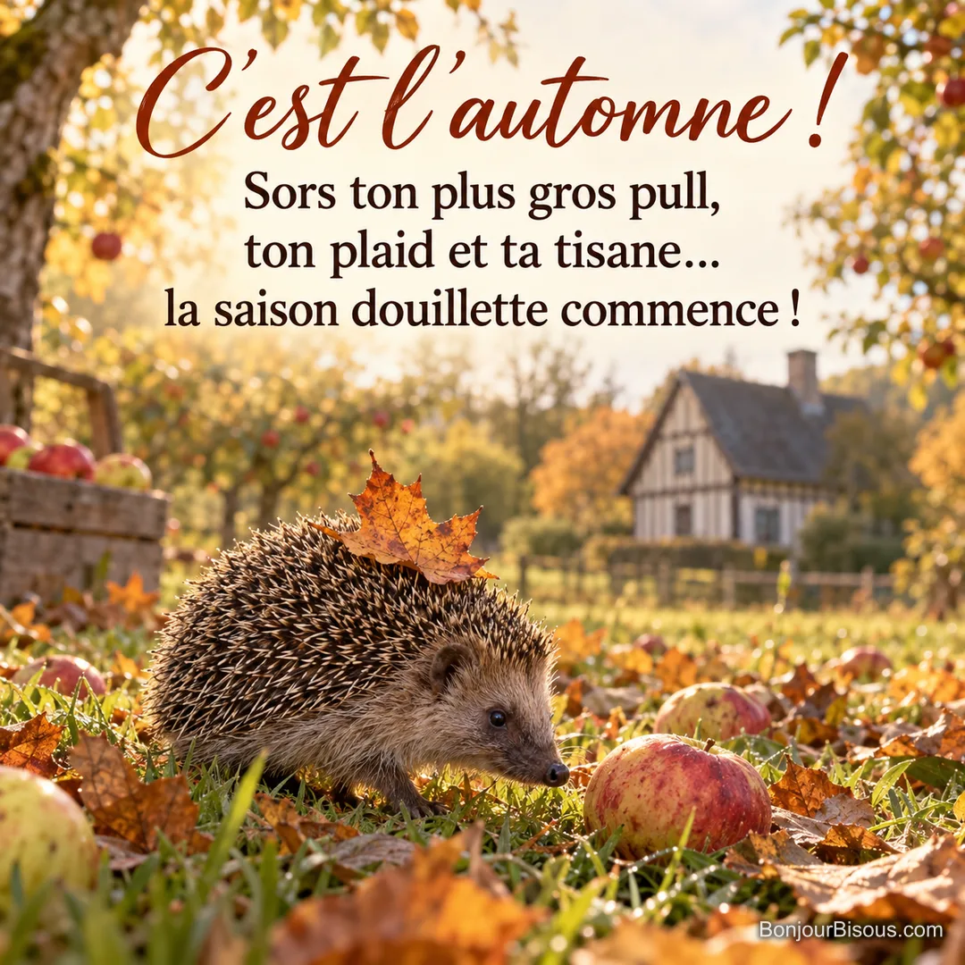 Photo d’un hérisson parmi les pommes et les feuilles mortes d’un verger, une feuille rousse sur le dos, maison à colombages au fond, avec le texte « C’est l’automne ! Sors ton plus gros pull, ton plaid et ta tisane… la saison douillette commence ! »