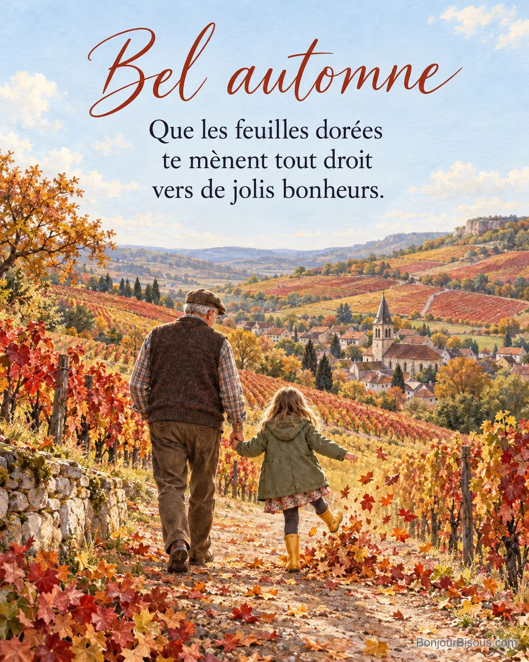 Peinture d’un grand-père et d’une fillette en bottes jaunes, vus de dos, qui se promènent dans les vignes d’automne au-dessus d’un village, la petite shootant dans les feuilles, avec le texte « Bel automne – Que les feuilles dorées te mènent tout droit vers de jolis bonheurs. »