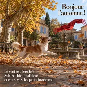 Un chien blanc et roux poursuit une écharpe rouge emportée par le vent sur une place de village avec le texte « Bonjour l’automne ! Le vent te décoiffe ? Suis ce chien malicieux et cours vers les petits bonheurs ! ».