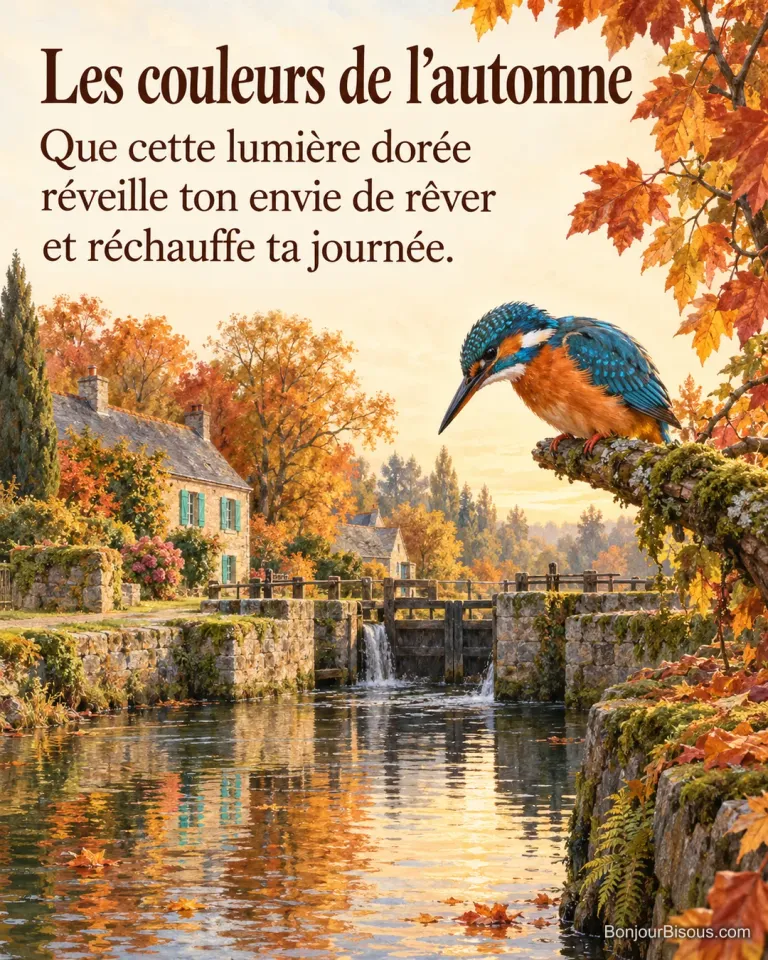 Un martin-pêcheur surveille un canal près d’une écluse entourée d’érables cuivrés avec le texte « Les couleurs de l’automne Que cette lumière dorée réveille ton envie de rêver et réchauffe ta journée. ».