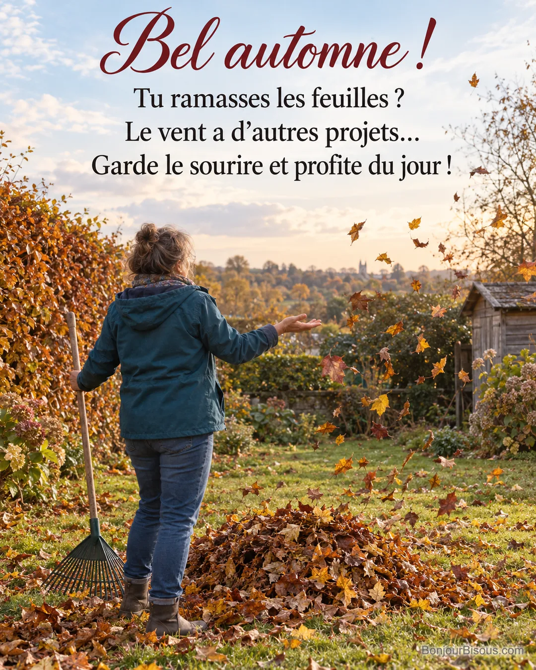 Une jardinière regarde le vent disperser le tas de feuilles qu’elle venait de rassembler avec le texte « Bel automne ! Tu ramasses les feuilles ? Le vent a d’autres projets… Garde le sourire et profite du jour ! ».