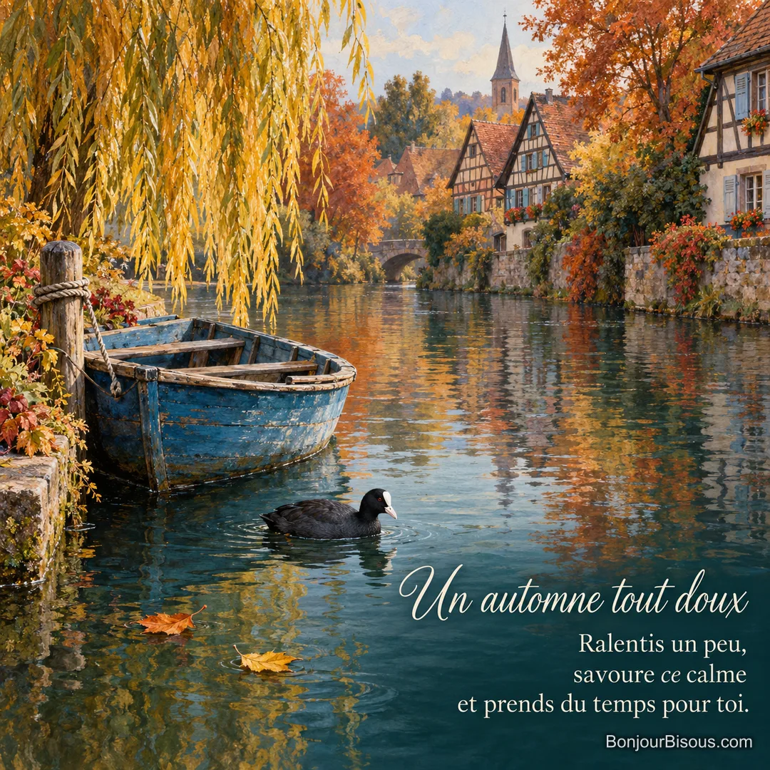 Une foulque nage près d’une barque bleue sur un canal alsacien aux reflets d’automne avec le texte « Un automne tout doux Ralentis un peu, savoure ce calme et prends du temps pour toi. ».