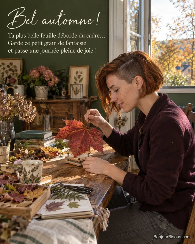 Une femme essaie de ranger une grande feuille rouge dans une minuscule presse d’herbier près d’une fenêtre automnale, avec le texte « Bel automne ! Ta plus belle feuille déborde du cadre… Garde ce petit grain de fantaisie et passe une journée pleine de joie ! ».