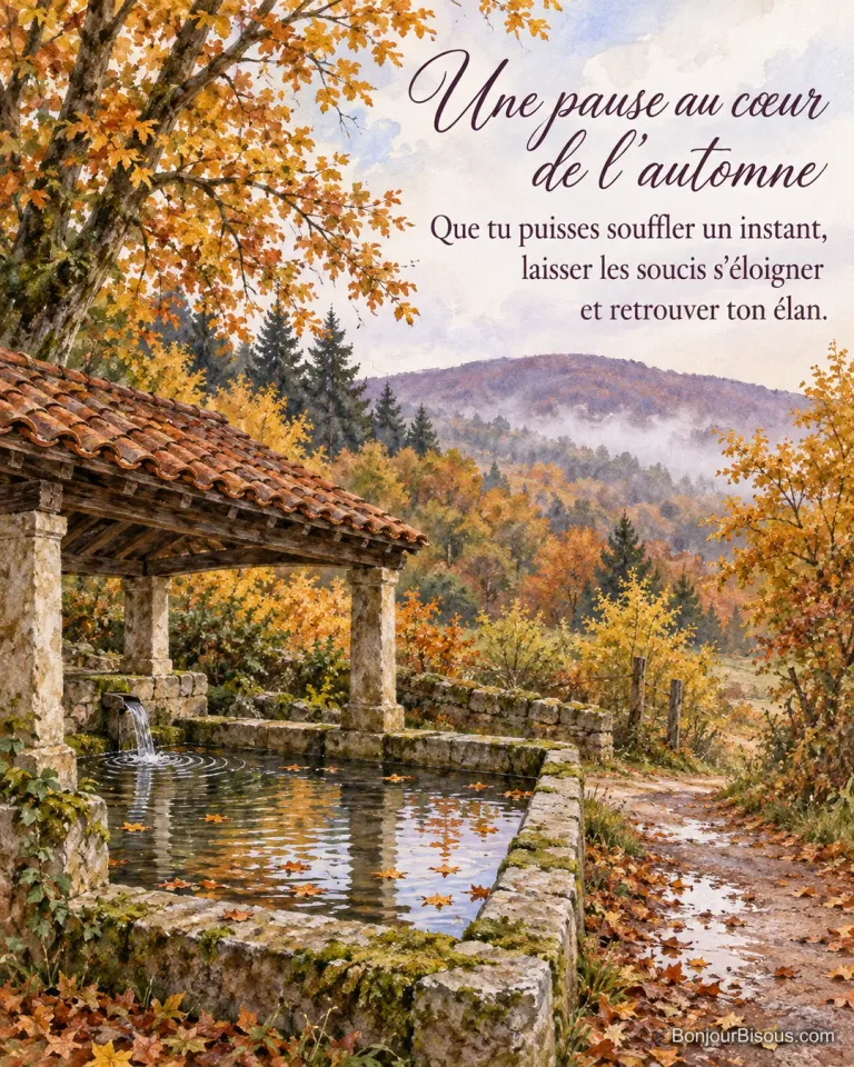 Un ancien lavoir du Morvan reflète les arbres roux et les feuilles d’automne dans son bassin animé de petits remous, avec le texte « Une pause au cœur de l’automne Que tu puisses souffler un instant, laisser les soucis s’éloigner et retrouver ton élan. ».