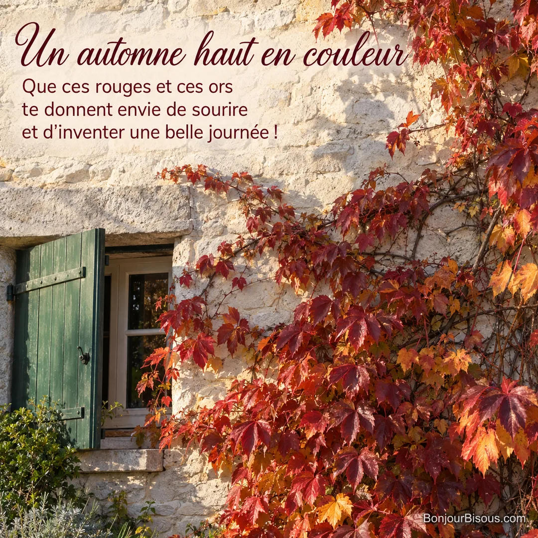 Une vigne vierge rouge et orange habille la façade de pierre d’une maison de Touraine aux volets verts, avec le texte « Un automne haut en couleur Que ces rouges et ces ors te donnent envie de sourire et d’inventer une belle journée ! ».