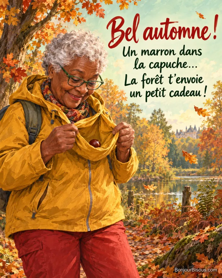Une promeneuse découvre un marron tombé dans la capuche de sa veste, avec le texte « Bel automne ! Un marron dans la capuche… La forêt t’envoie un petit cadeau ! ».