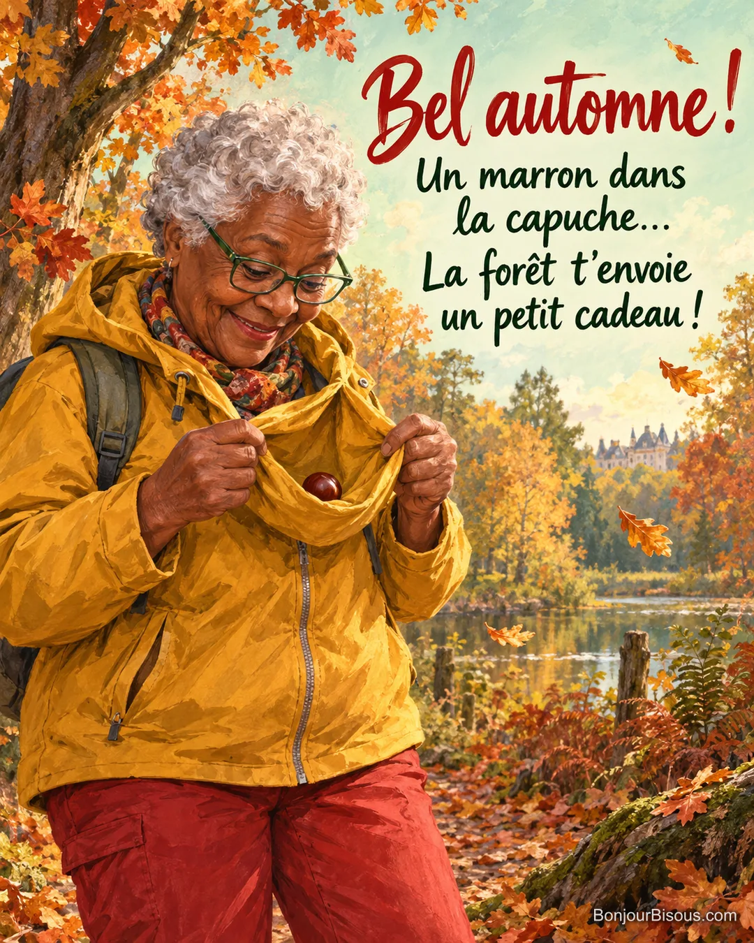 Une promeneuse découvre un marron tombé dans la capuche de sa veste, avec le texte « Bel automne ! Un marron dans la capuche… La forêt t’envoie un petit cadeau ! ».
