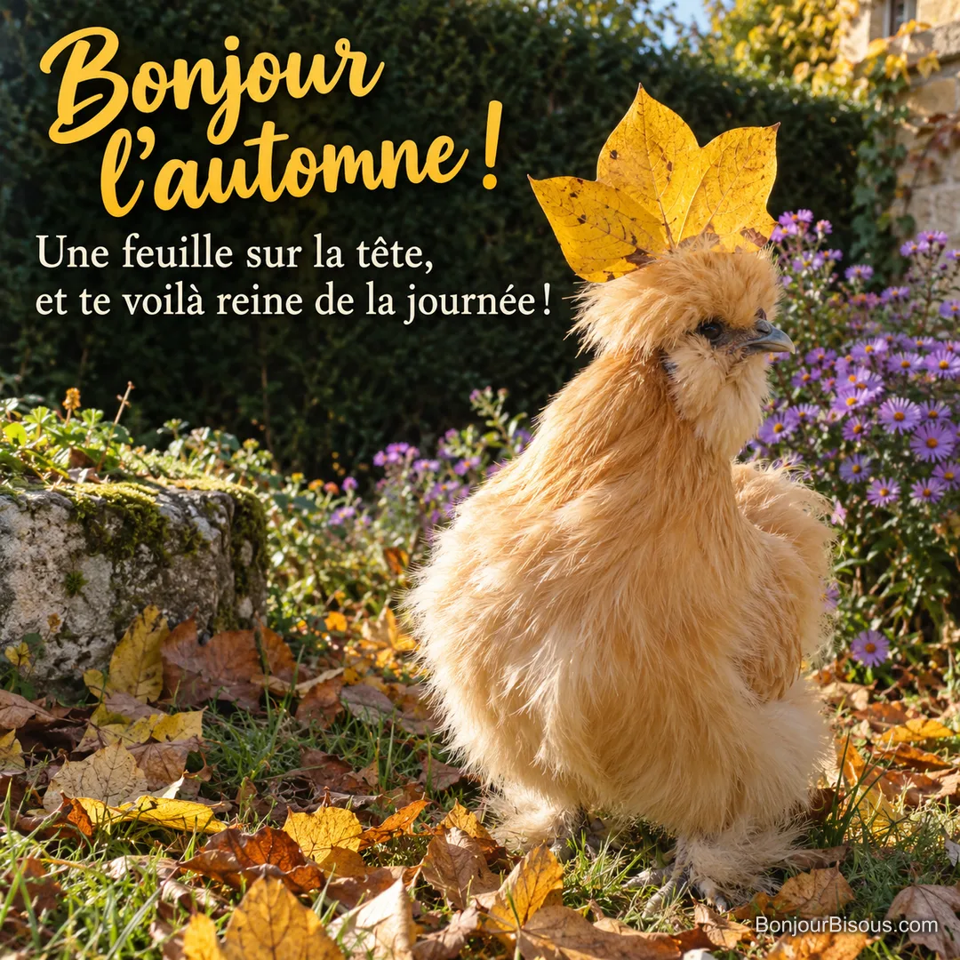 Une poule soie porte une grande feuille jaune comme une couronne d’automne, avec le texte « Bonjour l’automne ! Une feuille sur la tête, et te voilà reine de la journée ! ».
