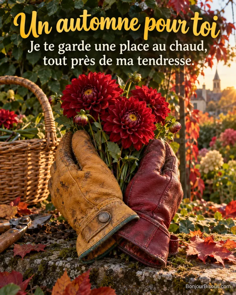 Deux gants de jardin entourent un petit bouquet de dahlias rouges, avec le texte « Un automne pour toi Je te garde une place au chaud, tout près de ma tendresse. ».