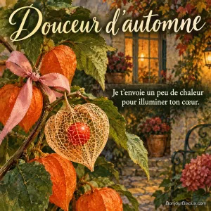 Une enveloppe de physalis orange protège sa baie rouge dans la lumière du soir, avec le texte « Douceur d’automne Je t’envoie un peu de chaleur pour illuminer ton cœur. ».