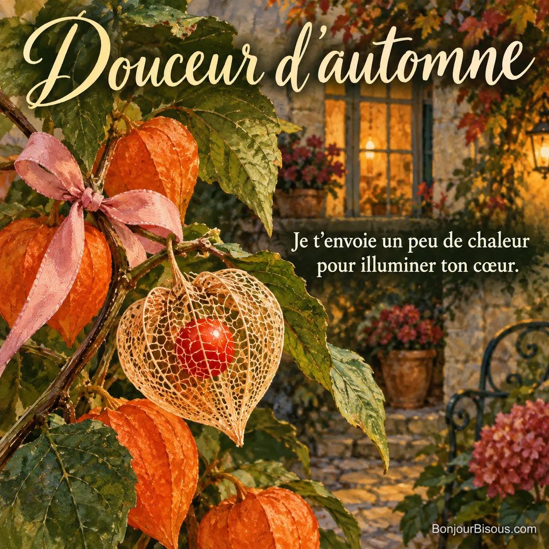 Une enveloppe de physalis orange protège sa baie rouge dans la lumière du soir, avec le texte « Douceur d’automne Je t’envoie un peu de chaleur pour illuminer ton cœur. ».