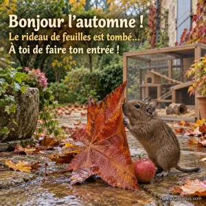 Un octodon pousse du museau une grande feuille d’automne qui lui cache une petite pomme, avec le texte « Bonjour l’automne ! Le rideau de feuilles est tombé… À toi de faire ton entrée ! ».