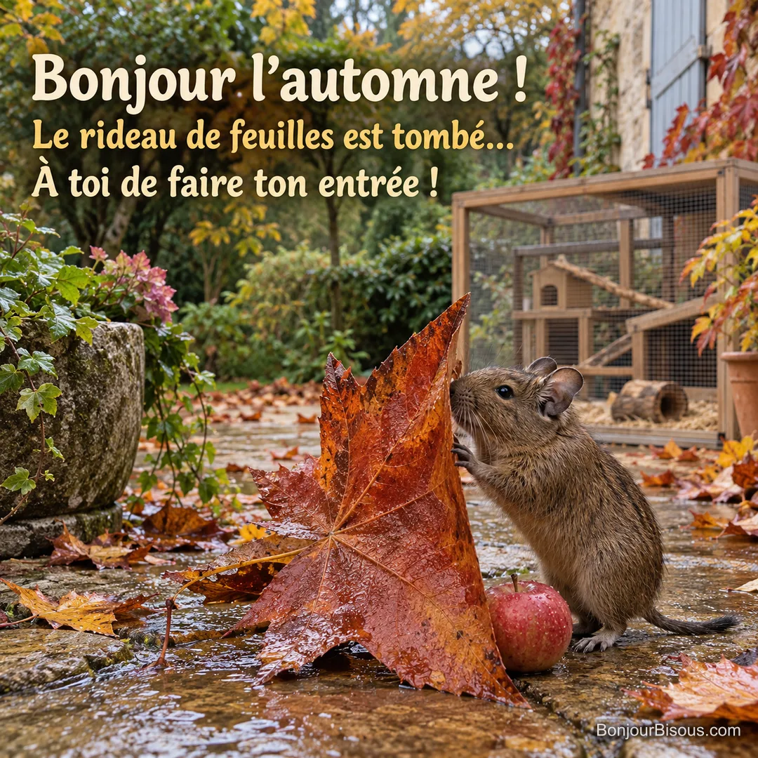 Un octodon pousse du museau une grande feuille d’automne qui lui cache une petite pomme, avec le texte « Bonjour l’automne ! Le rideau de feuilles est tombé… À toi de faire ton entrée ! ».