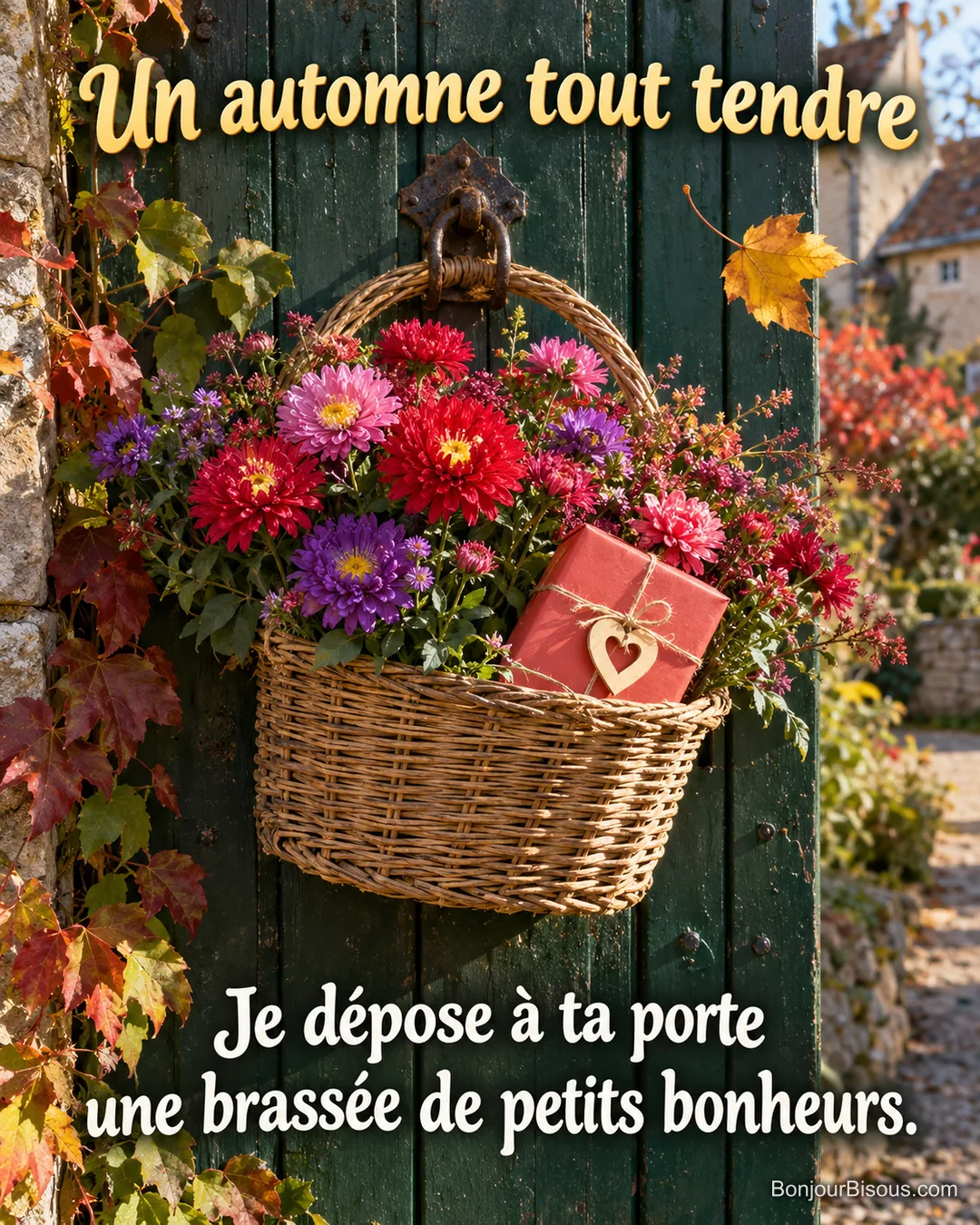 Un panier fleuri d’asters de Chine et un cadeau corail attendent sur un portail vert en automne, avec le texte « Un automne tout tendre Je dépose à ta porte une brassée de petits bonheurs. ».