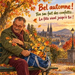 Un homme découvre un tourbillon de feuilles jaunes en ouvrant son sac de sport sur un banc, avec le texte « Bel automne ! Ton sac fait des confettis… La fête vient jusqu’à toi ! ».