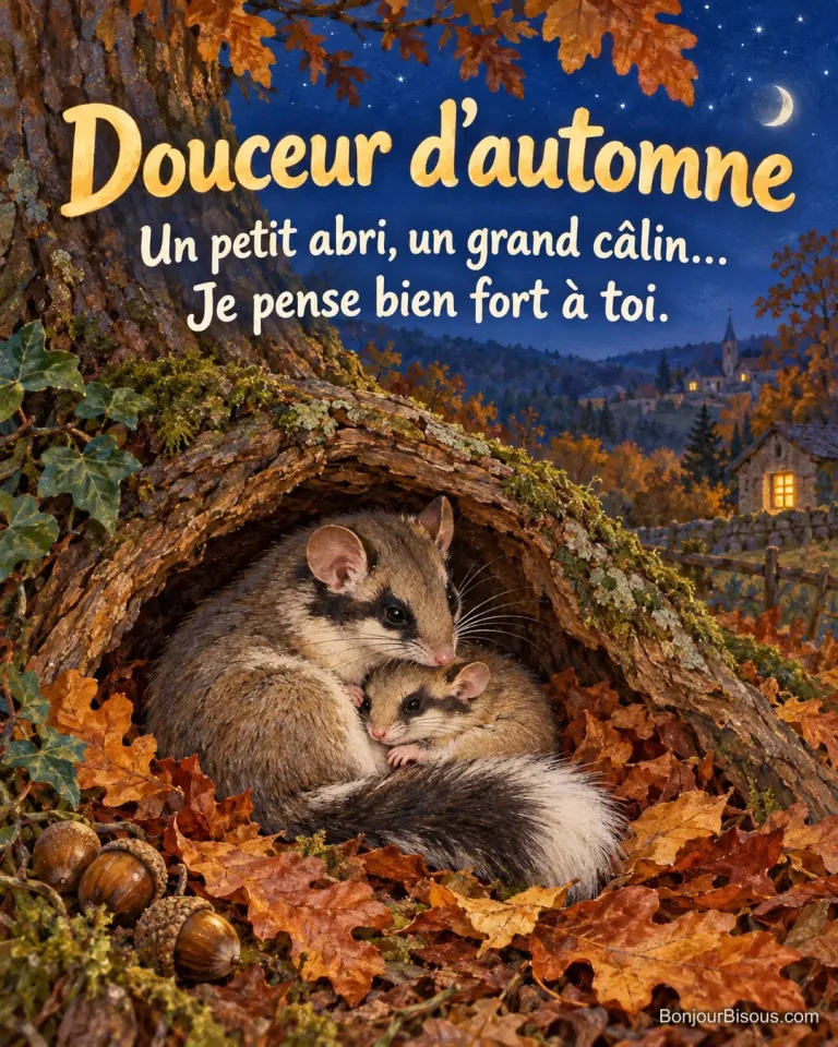 Un lérot adulte abrite un petit sous une écorce dans un sous-bois aux couleurs d’automne, avec le texte « Douceur d’automne Un petit abri, un grand câlin… Je pense bien fort à toi. ».