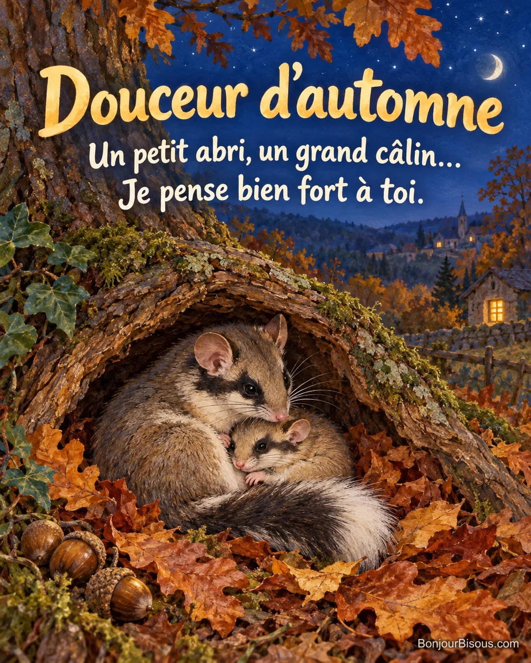 Un lérot adulte abrite un petit sous une écorce dans un sous-bois aux couleurs d’automne, avec le texte « Douceur d’automne Un petit abri, un grand câlin… Je pense bien fort à toi. ».